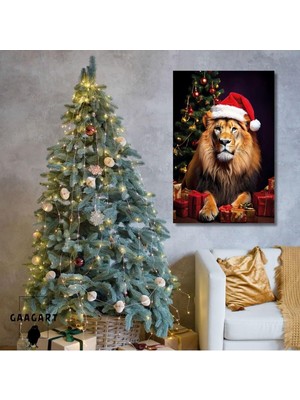 Tekli Dikey Kanvas Duvar Tablosu Yılbaşı Hediyesi Noel Baba Kostümlü Aslan, 30 x 40