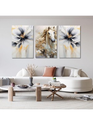 3'lü Kanvas Salon Duvar Tablosu Menekşe ve Beyaz At, 30 x 40