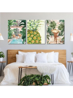 3'lü Kanvas Duvar Tablosu Boho Kadın Görseli ve Yeşil Ananas, 40 x 60