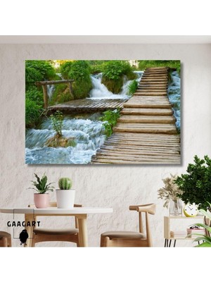 Tekli Yatay Kanvas Duvar Tablosu Şelale ve Ahşap Yol Manzara, 40 x 30