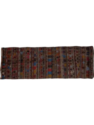 Etnik Bulvar Yün Kahverengi El Dokuması Kilim 98 x 282 cm