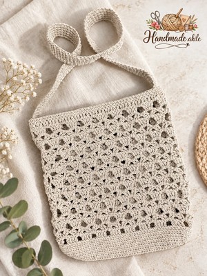 Handmade Akile El Örgüsü Ajurlu Omuz Çantası – Bohem Tığ İşi – Gri