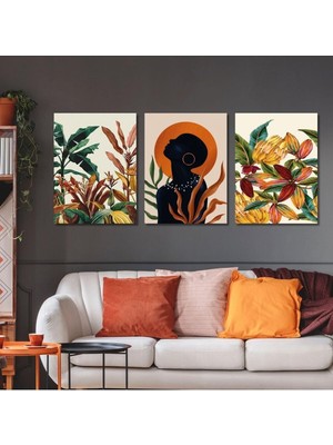 3'lü Kanvas Duvar Tablosu Bohem Kadın ve Tropikal Renkli Çiçek, 40 x 60
