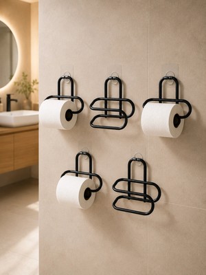 Uravas Store Pratik Yapışkanlı Tuvalet Kağıdı Tutucu 5'li Set Siyah Metal