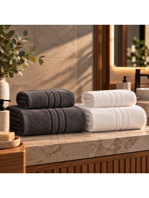 Efendioğlu Türcan 4 Parça Çift Banyo Havlu Takımı – Antrasit ve Beyaz Banyo Havlusu ve Baş Havlusu Seti