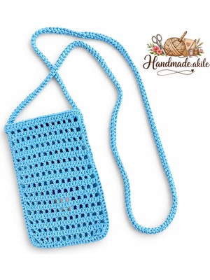 Handmade Akile El Örgüsü Telefon Çantası – Koyu Mavi Çiçek Motifli – Açık Mavi