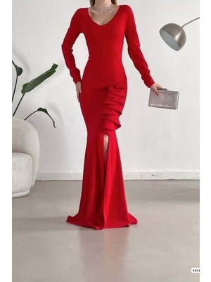 Lior Design V Yırtmaçlı Yaka Elbise Kollu Uzun Abiye Maxi
