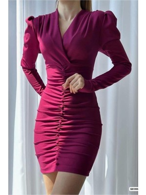 Lior Design Krep Yaka Mini Elbise Drapeli Kumaş Abiye Kruvaze