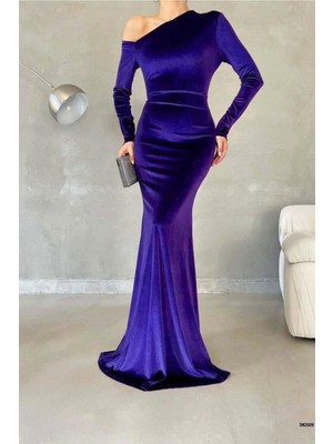 Lior Design Kadife Yaka Elbise Kumaş Asimetrik Abiye Maxi