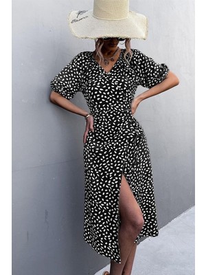 Lior Design Kruvaze Yırtmaçlı Yaka Elbise Kollu Kısa Midi