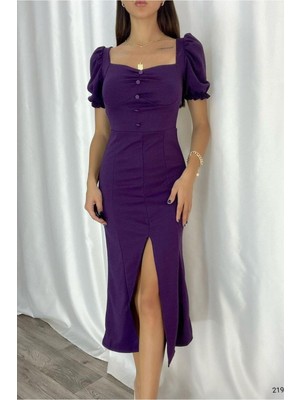 Lior Design Krep Yırtmaçlı Yaka Elbise Kare Kumaş Midi Abiye