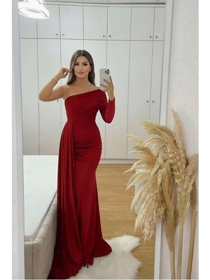 Lior Design Krep Tek Kuyruklu Elbise Omuz Kumaş Abiye Maxi