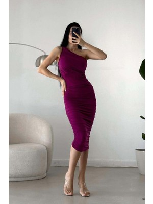 Lior Design Sandy Tek Elbise Omuz Drapeli Kumaş Midi