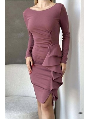 Lior Design Krep Volanlı Yaka Elbise Bisiklet Kumaş Abiye