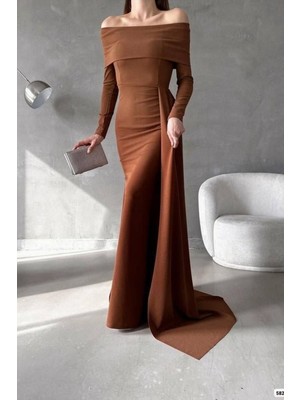 Lior Design Esnek Yaka Kuyruklu Elbise Kumaş Abiye Degaje Krep