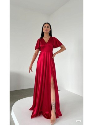Lior Design Saten Yaka Elbise V Kollu Kısa Kumaş