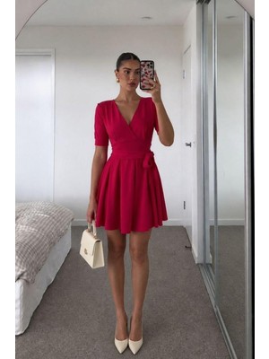Lior Design V Yaka Mini Elbise Kollu Kısa Kuşaklı