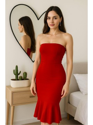 Lior Design Straplez Volanlı Elbise Midi Abiye