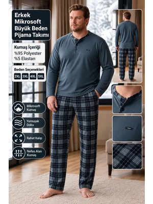 Pijamoni Pjm Erkek Battal Beden Mikrosoft Düğmeli Yaka Kışlık Pijama Takımı 6415/1 - 1 Adet