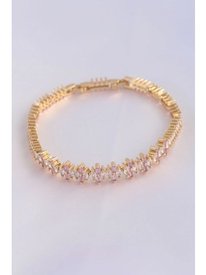 Mey Ithalat Plentifulvip Seri Pirinç Pembe Zirkon Taşlı Gold Renk Baget Model Bileklik