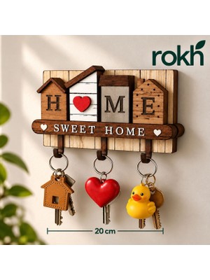 🏡 Home Sweet Home Ahşap Anahtarlık 20X15 cm ❤️ 3 Askılı Dekoratif Duvar Anahtarlığı | Rustik Ev Giriş Antre Dekoru | Rokh
