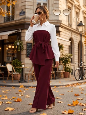 Lune Store Kadın Uzun Kollu Yakalı Üst Kısmı Trikoton Asimetrik Detaylı Belden Kuşaklı Ithal Krep Bluz ve Yırtmaçlı Pantolon Ikili Takım