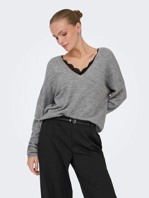 Only Onlmanifesta Kadın Çift Taraflı Dantel Detaylı Triko Kazak Light Grey Melange Açık Gri
