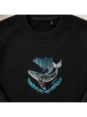 Kuzey Işıkları Okyanus Balinası Nakışlı Bisiklet Yaka Sweatshirt Unisex