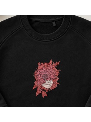 Sürreal Krizantem Yüzlü Kadın Nakışlı Bisiklet Yaka Sweatshirt Unisex