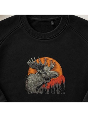 Vahşi Doğa Geyik Moose Nakışlı Bisiklet Yaka Sweatshirt Unisex