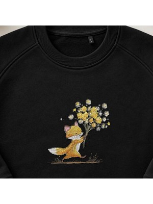 Çiçekli Sevimli Tilki Nakışlı Bisiklet Yaka Sweatshirt Unisex