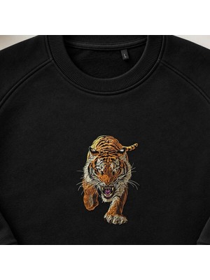 Vahşi Kaplan Nakışlı Bisiklet Yaka Sweatshirt Unisex