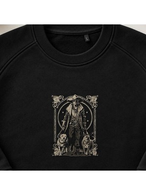 Western Gotik Kovboy Nakışlı Bisiklet Yaka Sweatshirt Unisex