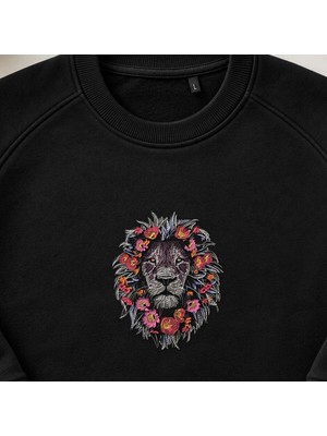 Çiçek Yeleli Aslan Nakışlı Bisiklet Yaka Sweatshirt Unisex