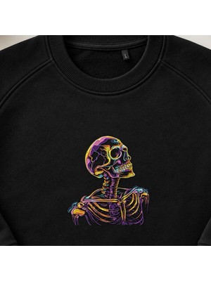 Renkli Kromatik Kurukafa Nakışlı Bisiklet Yaka Sweatshirt Unisex