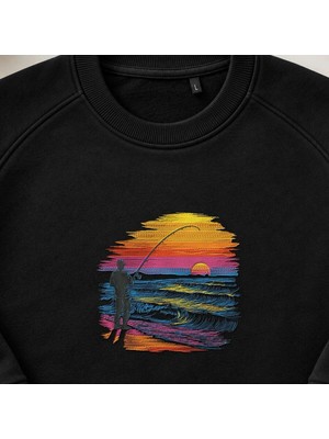 Gün Batımı Balıkçı Silüeti Nakışlı Bisiklet Yaka Sweatshirt Unisex