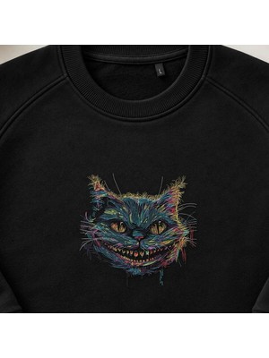 Harikalar Diyarı Fantastik Kedi Nakışlı Bisiklet Yaka Sweatshirt Unisex