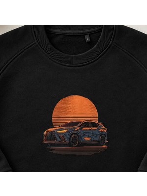 Retro Gün Batımı Neon Spor Araba Nakışlı Bisiklet Yaka Sweatshirt Unisex