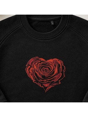 Romantik Kalp Gül Nakışlı Bisiklet Yaka Sweatshirt Unisex