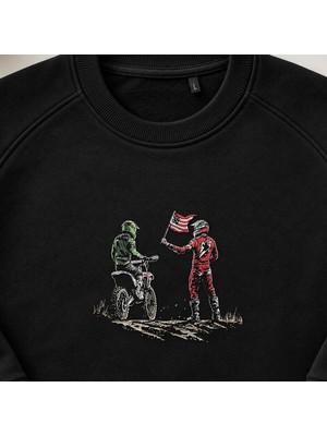 Amerikan Bayraklı Motokros Sürücü Nakışlı Bisiklet Yaka Sweatshirt Unisex
