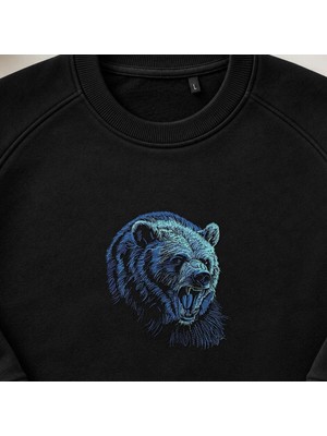 Mavi Boz Ayı Kükreyen Nakışlı Bisiklet Yaka Sweatshirt Unisex