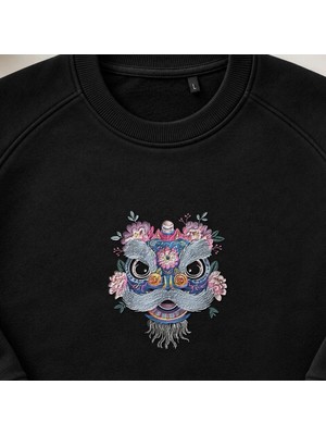 Çiçekli Çin Aslan Dansı Maskesi Nakışlı Bisiklet Yaka Sweatshirt Unisex