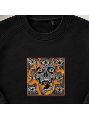 Her Şeyi Gören Gözler Psikedelik Kurukafa Nakışlı Bisiklet Yaka Sweatshirt Unisex