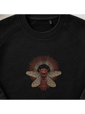 Boho Ağustos Böceği Nakışlı Bisiklet Yaka Sweatshirt Unisex