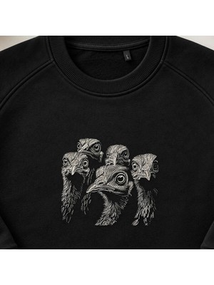Komik Devekuşu Yüzleri Nakışlı Bisiklet Yaka Sweatshirt Unisex