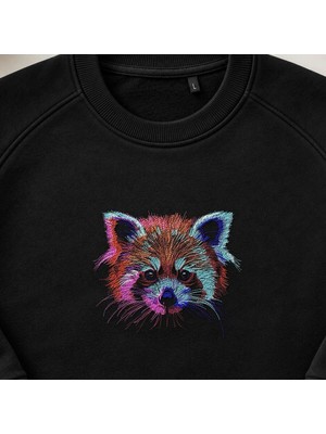 Neon Renkli Kızıl Panda Nakışlı Bisiklet Yaka Sweatshirt Unisex