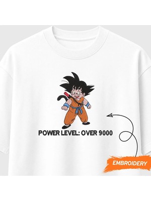 Goku Power Level Over 9000 Dragon Ball Nakışlı Tişört Unisex %100 Pamuk