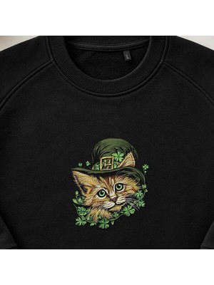 Aziz Patrick Günü Tekir Kedi Nakışlı Bisiklet Yaka Sweatshirt Unisex