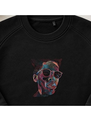 Renkli Soyut Çizgi Portre Nakışlı Bisiklet Yaka Sweatshirt Unisex