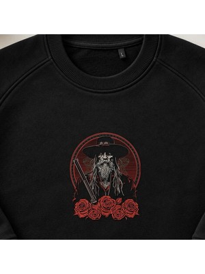 Kovboy Tabanca ve Gül Nakışlı Bisiklet Yaka Sweatshirt Unisex